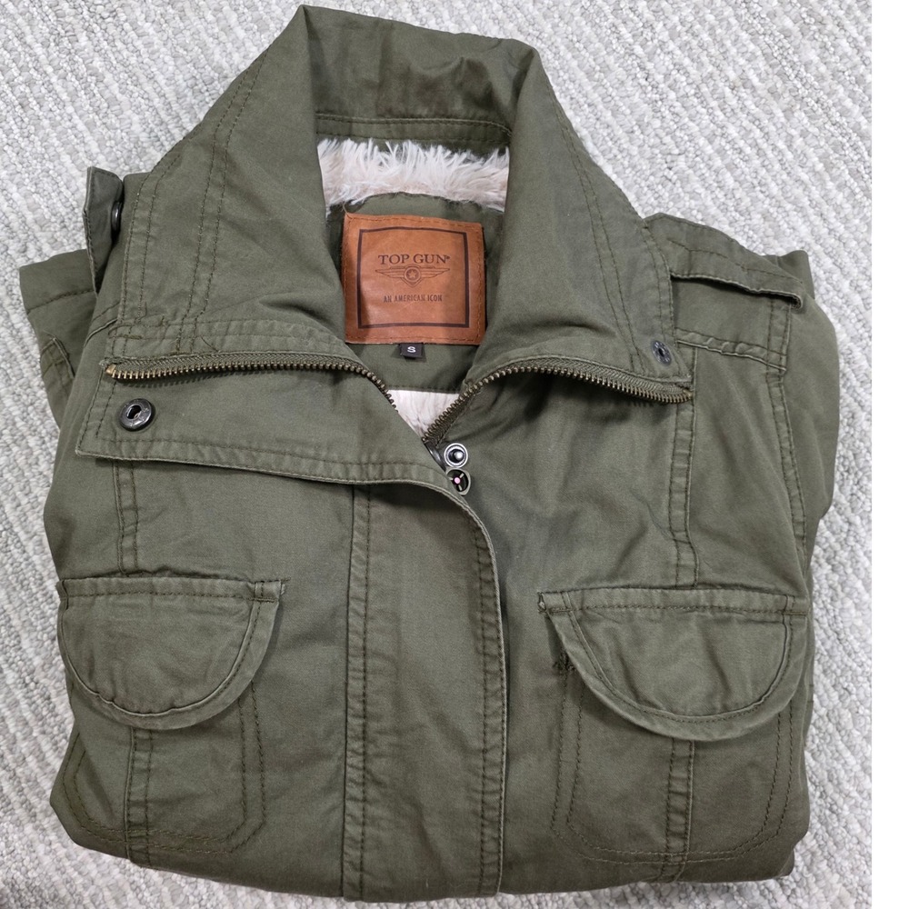 Top Gun Womens Military Field Jacket Olive Green Faux Fur Lined Size Small